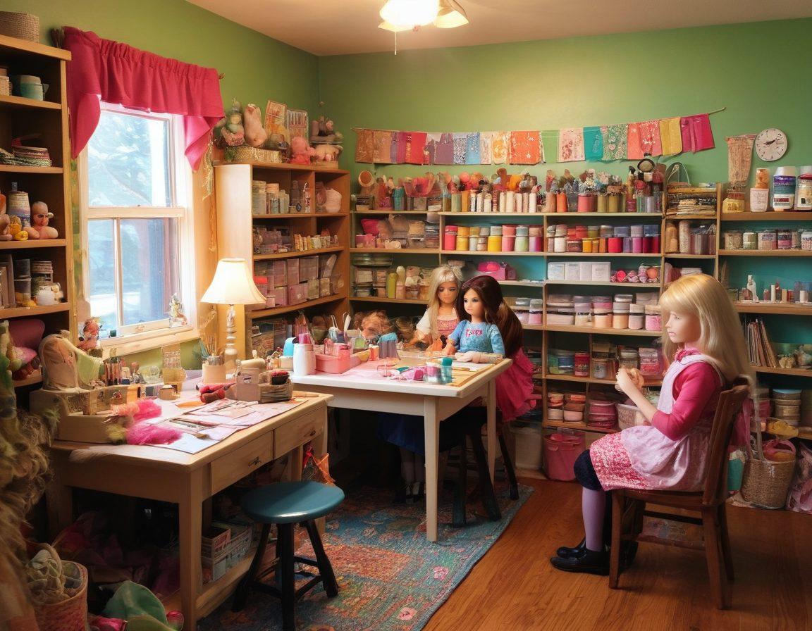A cozy workshop setting filled with colorful doll-making supplies, with a diverse group of people happily crafting dolls together. Some of them are sewing, while others are painting features on their creations, surrounded by finished dolls displayed on shelves. The warm lighting and playful atmosphere should evoke a sense of community and creativity. Include sewing machines, fabric swatches, and a bulletin board with shared crafting tips. vibrant colors. super-realistic.