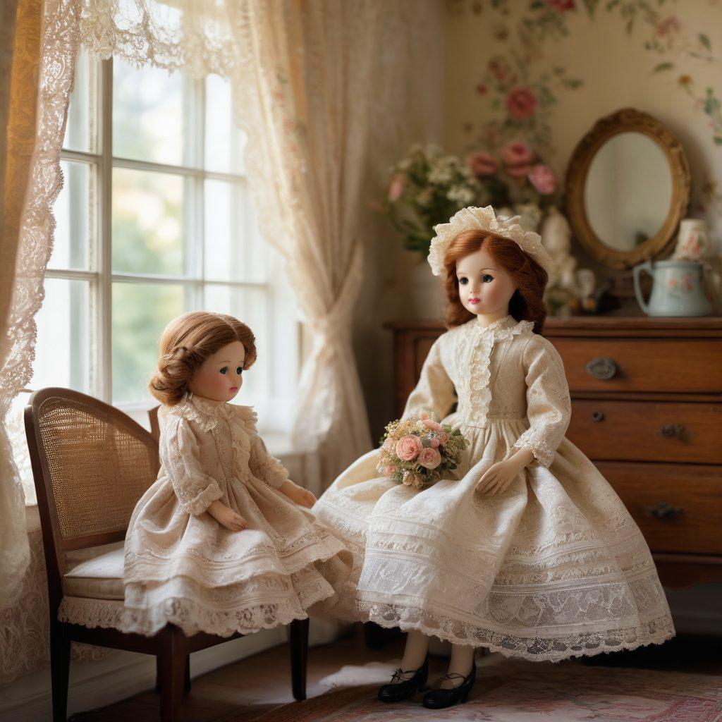 An enchanting vintage doll scene featuring elegantly crafted dolls dressed in exquisite heirloom garments, surrounded by a cozy, sunlit room filled with lace curtains and antique furniture. Include delicate floral patterns and a softly glowing window to create a nostalgic atmosphere. Capture the textures of the fabrics and the craftsmanship of the dolls, drawing the viewer in. nostalgic, warm tones, soft focus, inviting atmosphere.