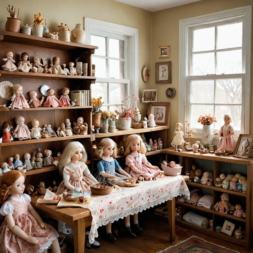 A cozy, nostalgic scene in a sunlit craft room, showcasing a variety of handmade grandma dolls and vintage collectibles on wooden shelves. The table is cluttered with colorful fabrics, threads, and tools, inviting creativity. Soft pastel colors dominate the room, with a gentle warmth emanating from the window, creating a sense of cherished memories and craftsmanship. Emphasize intricate details on the dolls' faces and clothing, surrounded by whimsical, sentimental items. super-realistic. warm color palette. soft focus.